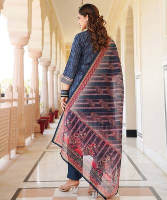 Women blue rayon blend ethnic motifs printed straight kurta trouser with dupatta 4