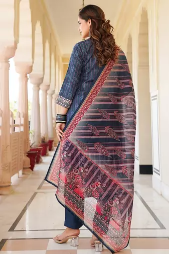 Women blue rayon blend ethnic motifs printed straight kurta trouser with dupatta