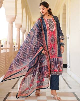 Women blue rayon blend ethnic motifs printed straight kurta trouser with dupatta 5