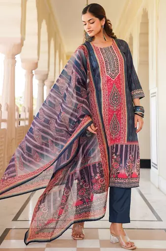 Women blue rayon blend ethnic motifs printed straight kurta trouser with dupatta