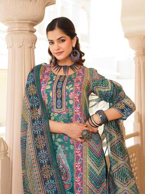 Women teal rayon blend ethnic motifs printed straight kurta trouser with dupatta 2