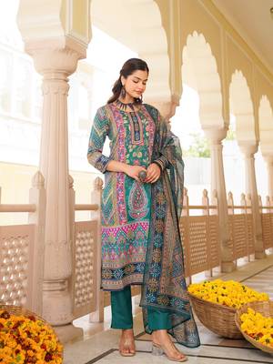 Women teal rayon blend ethnic motifs printed straight kurta trouser with dupatta 1
