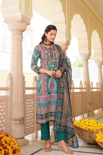 Women teal rayon blend ethnic motifs printed straight kurta trouser with dupatta
