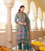 Women teal rayon blend ethnic motifs printed straight kurta trouser with dupatta