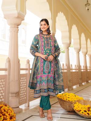 Women teal rayon blend ethnic motifs printed straight kurta trouser with dupatta 3