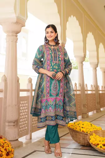 Women teal rayon blend ethnic motifs printed straight kurta trouser with dupatta