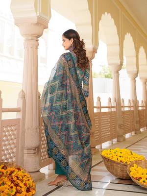 Women teal rayon blend ethnic motifs printed straight kurta trouser with dupatta 4