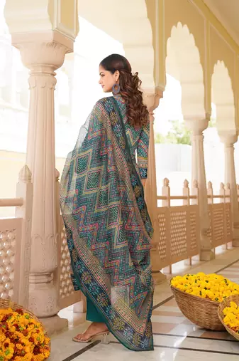 Women teal rayon blend ethnic motifs printed straight kurta trouser with dupatta