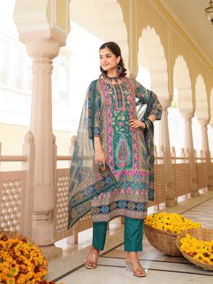 Women teal rayon blend ethnic motifs printed straight kurta trouser with dupatta 5
