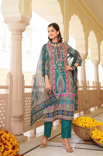 Women teal rayon blend ethnic motifs printed straight kurta trouser with dupatta