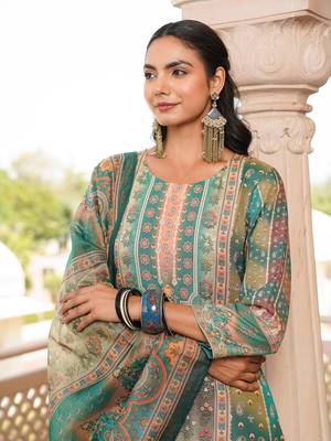 Women green rayon blend ethnic motifs printed straight kurta trouser with dupatta 1