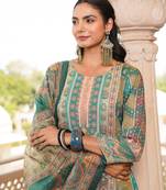 Women green rayon blend ethnic motifs printed straight kurta trouser with dupatta