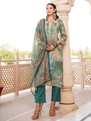 Women green rayon blend ethnic motifs printed straight kurta trouser with dupatta 2