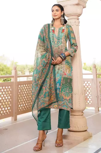 Women green rayon blend ethnic motifs printed straight kurta trouser with dupatta