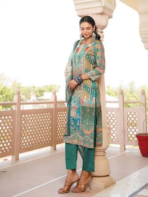 Women green rayon blend ethnic motifs printed straight kurta trouser with dupatta 3
