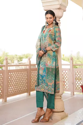 Women green rayon blend ethnic motifs printed straight kurta trouser with dupatta