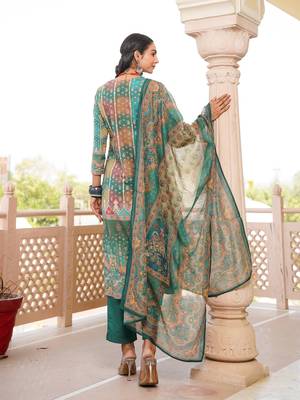 Women green rayon blend ethnic motifs printed straight kurta trouser with dupatta 4