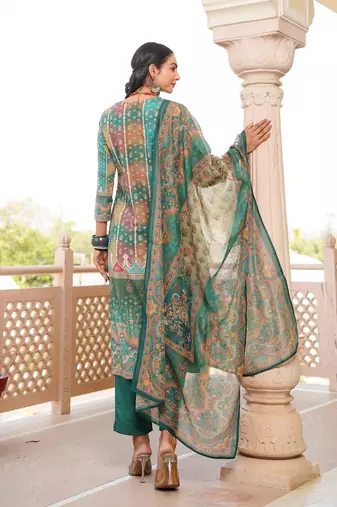 Women green rayon blend ethnic motifs printed straight kurta trouser with dupatta
