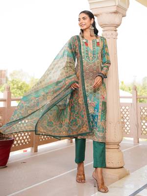Women green rayon blend ethnic motifs printed straight kurta trouser with dupatta 5