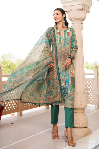 Women green rayon blend ethnic motifs printed straight kurta trouser with dupatta