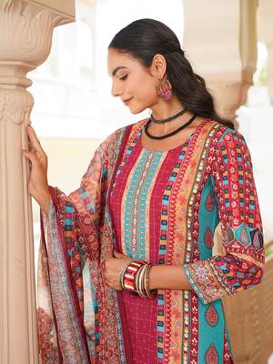 Women maroon rayon blend ethnic motifs printed straight kurta trouser with dupatta 1