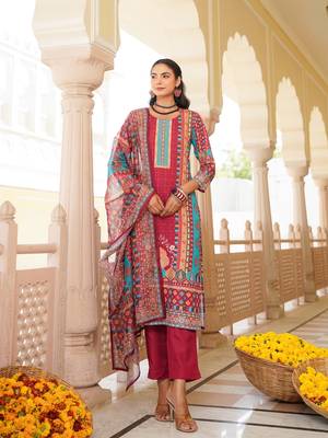 Women maroon rayon blend ethnic motifs printed straight kurta trouser with dupatta 2