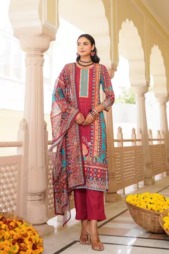 Women maroon rayon blend ethnic motifs printed straight kurta trouser with dupatta