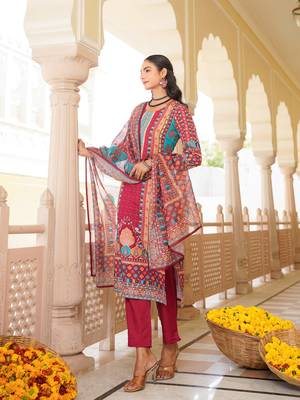 Women maroon rayon blend ethnic motifs printed straight kurta trouser with dupatta 3