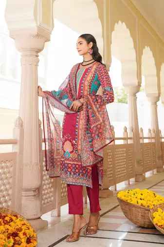 Women maroon rayon blend ethnic motifs printed straight kurta trouser with dupatta