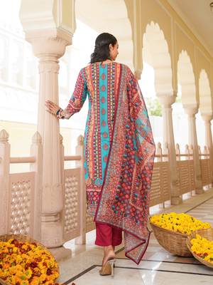 Women maroon rayon blend ethnic motifs printed straight kurta trouser with dupatta 4
