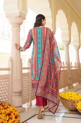 Women maroon rayon blend ethnic motifs printed straight kurta trouser with dupatta