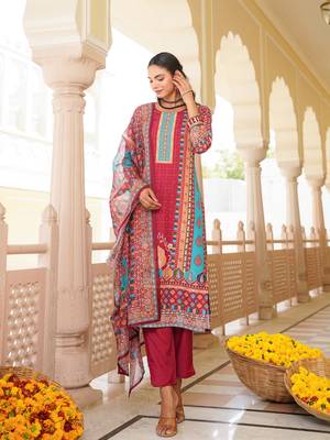 Women maroon rayon blend ethnic motifs printed straight kurta trouser with dupatta 5