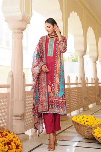 Women maroon rayon blend ethnic motifs printed straight kurta trouser with dupatta
