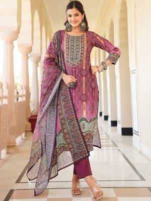 Women purple rayon blend ethnic motifs printed straight kurta trouser with dupatta 1