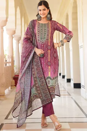 Women purple rayon blend ethnic motifs printed straight kurta trouser with dupatta