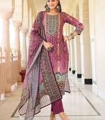Women purple rayon blend ethnic motifs printed straight kurta trouser with dupatta