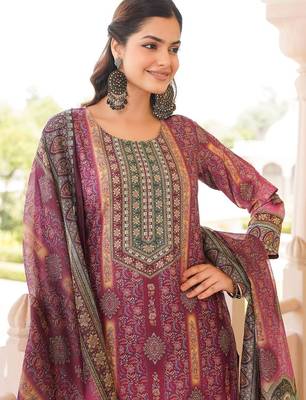 Women purple rayon blend ethnic motifs printed straight kurta trouser with dupatta 2