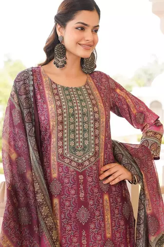 Women purple rayon blend ethnic motifs printed straight kurta trouser with dupatta