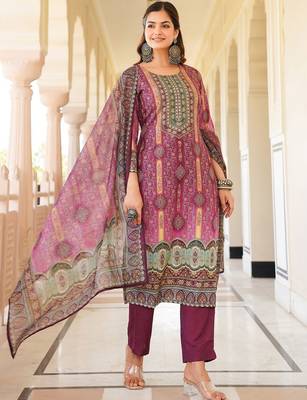 Women purple rayon blend ethnic motifs printed straight kurta trouser with dupatta 3