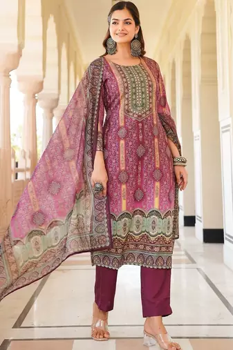 Women purple rayon blend ethnic motifs printed straight kurta trouser with dupatta