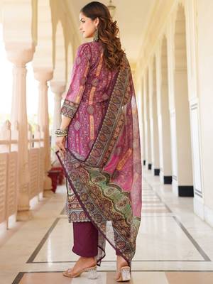 Women purple rayon blend ethnic motifs printed straight kurta trouser with dupatta 4