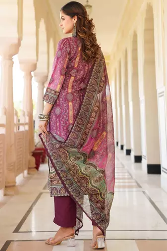 Women purple rayon blend ethnic motifs printed straight kurta trouser with dupatta