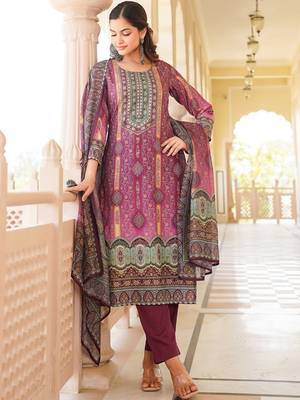 Women purple rayon blend ethnic motifs printed straight kurta trouser with dupatta 5