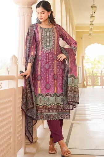 Women purple rayon blend ethnic motifs printed straight kurta trouser with dupatta