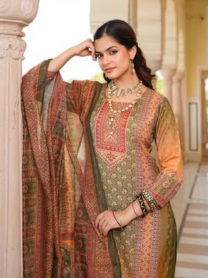 Women olive rayon blend ethnic motifs printed straight kurta trouser with dupatta 1