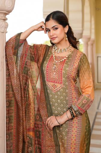 Women olive rayon blend ethnic motifs printed straight kurta trouser with dupatta