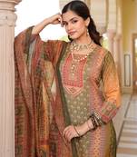 Women olive rayon blend ethnic motifs printed straight kurta trouser with dupatta