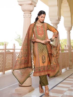 Women olive rayon blend ethnic motifs printed straight kurta trouser with dupatta 2