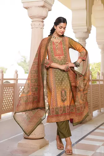 Women olive rayon blend ethnic motifs printed straight kurta trouser with dupatta