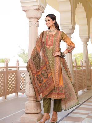 Women olive rayon blend ethnic motifs printed straight kurta trouser with dupatta 3